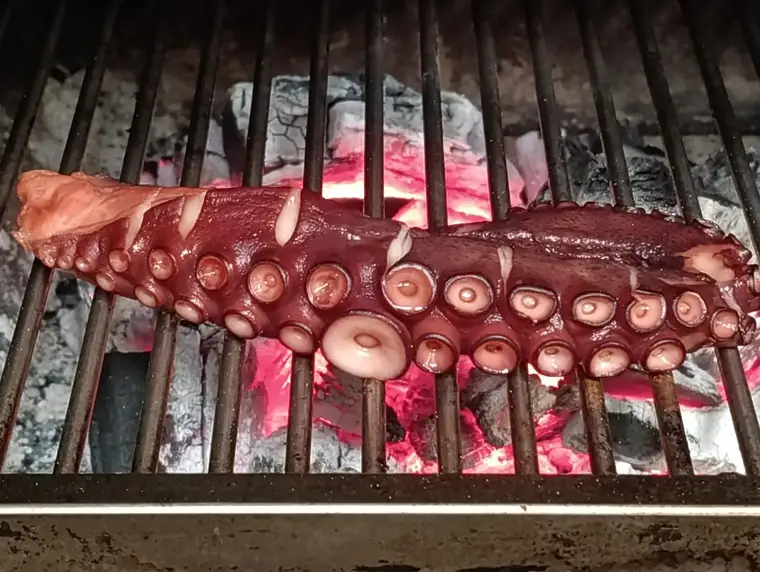 Pulpo asándose en la brasa del Restaurante Tres Hermanos, Móstoles